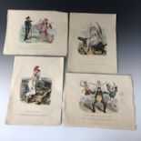 Four Victorian Punch type hand-tinted engraved cartoons