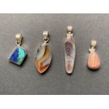 Four contemporary silver / white metal (tests as silver) and hardstone pendants, including agate and