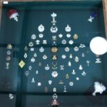 A framed display of British Army and other badges, 90 x 14 x 92 cm