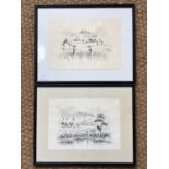 Two mid 20th Century pen, ink and watercolour studies of South Asian paddy fields, 22 cm x 30 cm