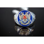 A contemporary 32nd Degree Masonic enamelled white metal signet ring (tests as silver), stamped '