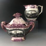 A Grays Art Pottery pink resist / splash lustre sucrier depicting Sunderland Bridge, together with a