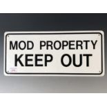 A Ministry of Defence enamel "MOD PROPERTY, KEEP OUT" sign, 20 cm x 45 cm