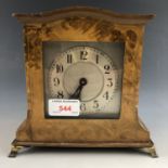 A 1930s Buren mantel clock, in a string-inlaid and walnut veneered case with diminutive brass ogee