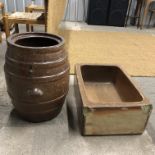 An Errington Reay salt glazed stoneware barrel, and a sink, barrel 50 cm high, sink 59 x 39 x 40 cm