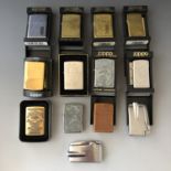 A collection of eleven Zippo and two Ronson Varaflame lighters, including 20471 "Red-Eyed Viper",