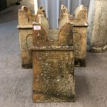 Three Victorian salt-glazed fire clay crenelated tapering square section chimney pots, 60 cm