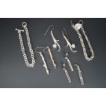 Contemporary white metal (tests as silver) jewellery, including ear pendants set with gemstones