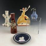 Ceramics including a Belleek vase, Wedgwood Jasper Ware perfume atomizer and a Clarice Cliff style