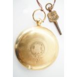 A Victorian 18ct gold hunter-cased pocket watch with stopwatch mechanism, having a key-wound lever