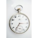 An early 20th Century Omega nickel-cased pocket watch, 5 cm excluding crown and bow, (running)