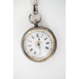 A Victorian lady's silver cased fob watch, with key-wound lever movement, gilt-enriched and florally