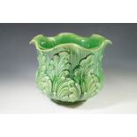 A Victorian green glazed acanthus-moulded cachepot, 27 cm x 21 cm