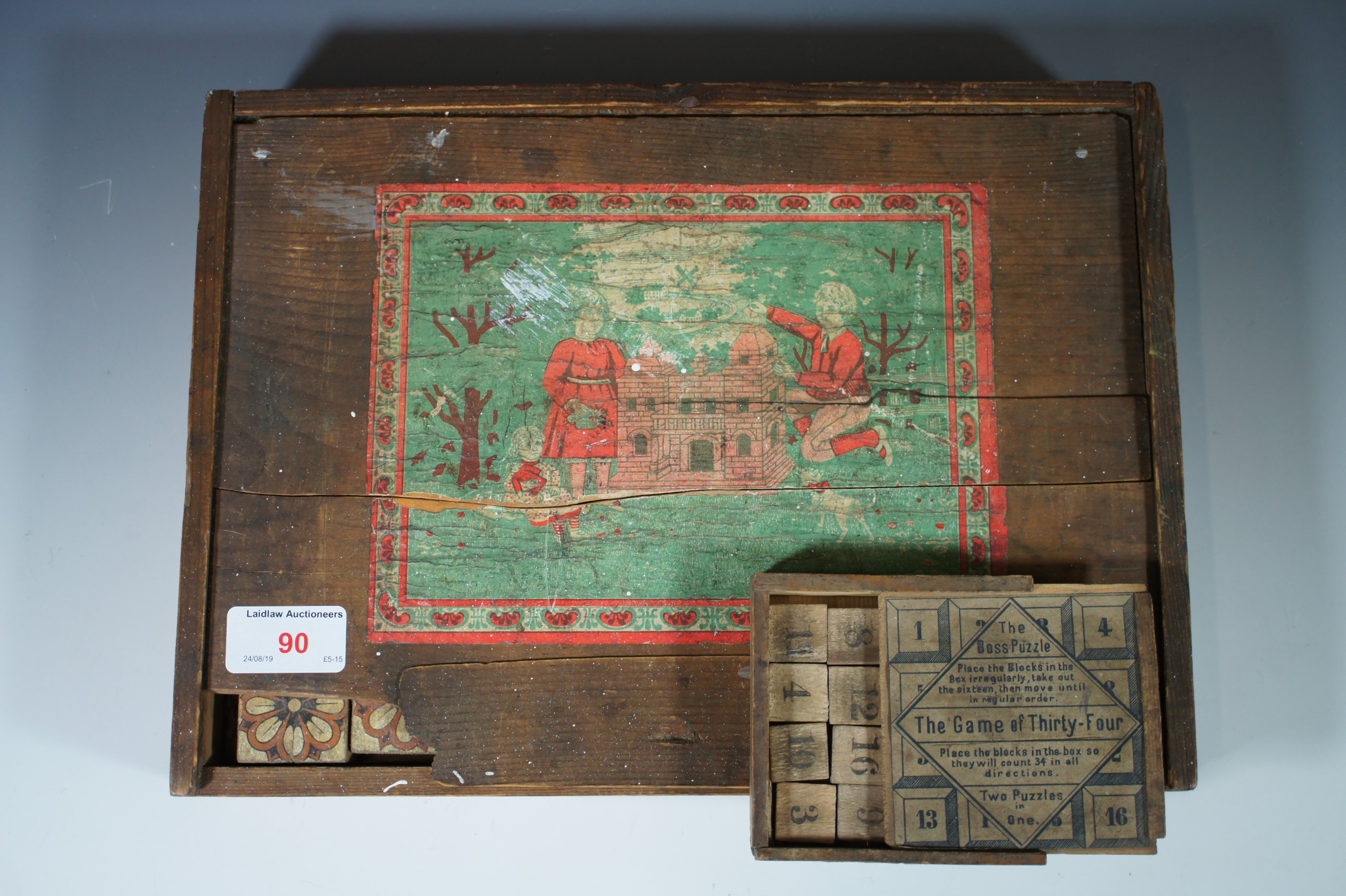The Game of Thirty-Four wooden puzzle and a Victorian toy wooden building block set