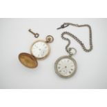 A late 19th Century Waltham rolled-gold hunter pocket watch, having a white-enamelled face, and