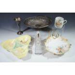 A shell plate and stand, presentation electroplate basket, Beswick dish, glass cruet set etc.