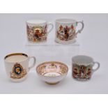 Three royal commemorative mugs, a bowl and a "1919 Peace" mug