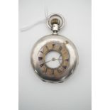 A Victorian silver cased half-hunter pocket watch, having a crown-wound lever movement, champleve