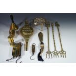 Two Salter brass spring balances, three brass toasting forks etc.