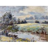 (Contemporary) A painterly view of a riverbank, with waning golden sunlight and an impressionistic
