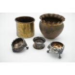 Two Indian brass pots, electroplate salts (a/f) etc.