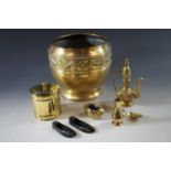 A quantity of period metalware, including a late 19th / early 20th Century brass cachepot, turned