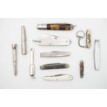 A quantity of vintage clasp knives and a "C.W.S Goods Are Best" advertising pocket lighter etc