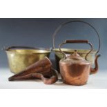 Two antique brass jam pans and a copper kettle etc.