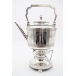 An uncommonly fine Victorian electroplate spirit kettle on stand, with engraved decoration