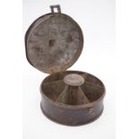 A George III Toleware spice box, of drum form with domed lid, the latter having a brass axe-head