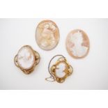 Four 19th Century shell cameos, two being brooched in rolled-gold / gilt metal frames