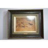 A Victorian lithograph entitled "Saved" depicting a cat being protected from two terriers by a large