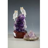 An amethyst and glass owl ornament, and one further specimen amethyst