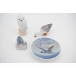 A Royal Copenhagen dish, owl, goose and mouse figurines (owl 8.5 cm)