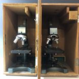 Two Optoplast microscopes, circa 1960's