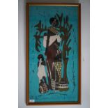 Five uniformly framed and glazed African batik prints on fabric, including flamingos, antelopes,