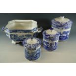 Five Spode storage jars, a planter etc.