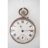 An antique pocket watch, with white enamelled face, subsidiary seconds dial, and Roman numerals,