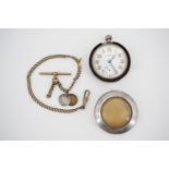 A vintage Lanco pocket watch with protector, chain and fob (watch a/f)