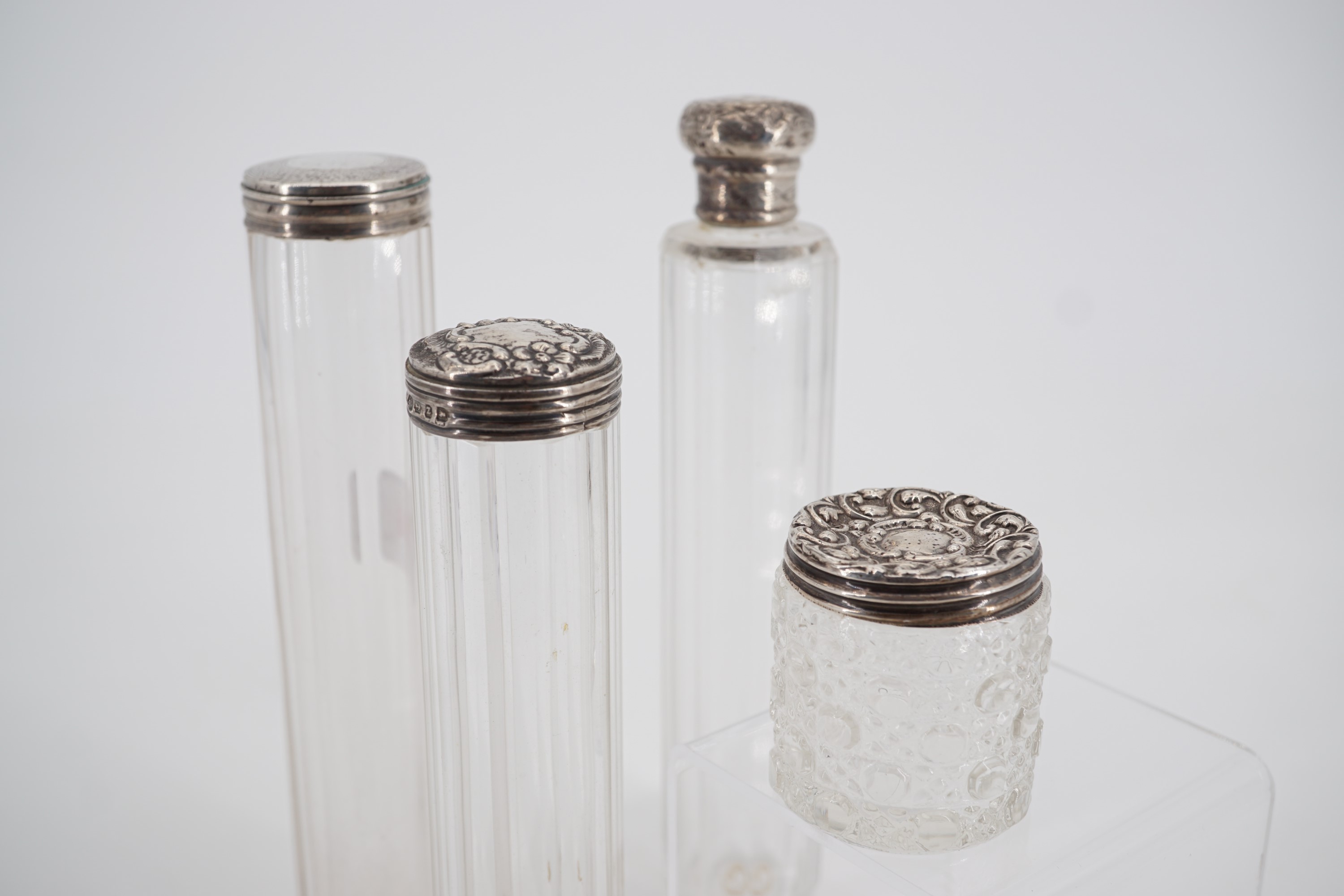 Four Victorian and later silver mounted cut glass toiletry / hat pin jars - Image 4 of 4