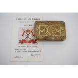 A 1914 Princess Mary gift tin together with a 9th Lancers badge embroidery pattern