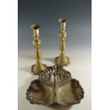 A pair of Victorian bass candlesticks, 28 cm high, and a Victorian electroplate entree dish