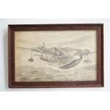 A graphite drawing of a Second World War Short Sunderland flying boat, depicted flying over sea, a