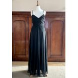 1960s ladies' evening gowns including a Blanes black viscose-twill shift maxi dress and removable