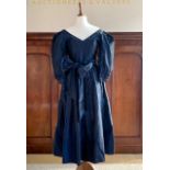 A late 1980s Laura Ashley midnight blue shot acetate party dress, with plunging V / semi-