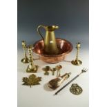 Copper and brass ware including copper bowl, 36cm diameter, Joseph Sankey jug, powder flask, pair of
