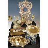 Brassware including a candelabrum, candlestick, crumb tray and brush etc