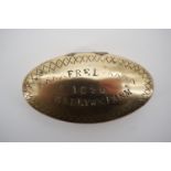A Victorian brass pocket snuff box stamped "Fred, 1896, Bedlywn Farm"