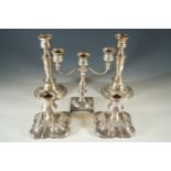 Two pairs of electroplate candlesticks and a candelabrum, latter 19cm