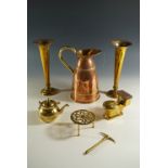 A Peerage copper jug, pair of candlesticks etc.